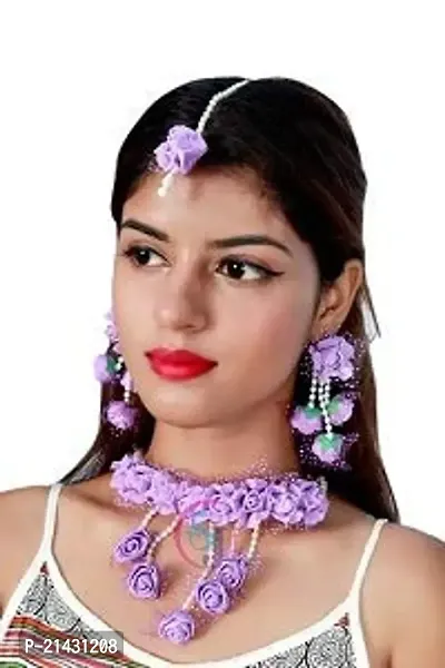 SJH SHIVI JEWELS AND HANDICRAFTS Handmade Purple Rose with Pearl String Fabric Floral Jewellery Set for Women for Haldi-thumb4