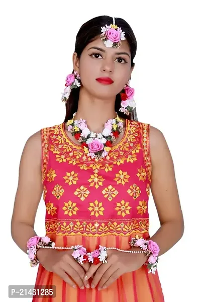 SJH SHIVI JEWELS AND HANDICRAFTS Pink Gota Patti Flower Jewellery Set for Women-thumb2