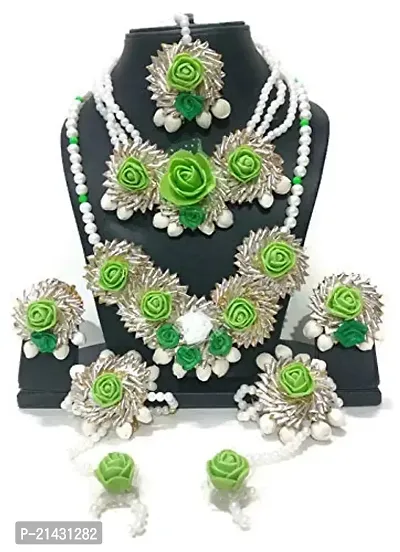 Tingoking Floret Jewellery Green Gota Patti Flower Jewellery Set with 2 Necklaces, Earrings, Maang Tika, 2 Bracelets for Women  Girls(7 Items)