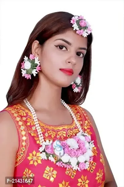 SJH Shivi Jewels And Handicrafts Jewels Pink  White Handmade Floral Flower Haldi Baby Shower Mehndi Godbharai Jewellery Set for Women and Girls