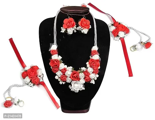 SJH Shivi Jewels And Handicrafts Jewels Red White Floral Flower Bridal Gotta Patti Jewellery Haldi Baby Shower Mehndi Godbharai Set for Women and Girls (Mehandi/Haldi/Bridal)-thumb0