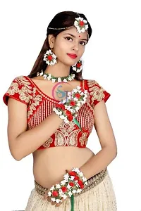 Shivi Jewels Multicolour Floral Flower Gota Patti Jewellery Set with Maang Tika, Earrings and Bracelets for Women-thumb3