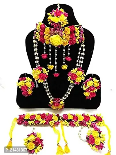 SJH SHIVI JEWELS AND HANDICRAFTS Floral Necklace with Maang Tika, Earrings, Bracelets for Women and Girls - (Multicolor) (Design 1)