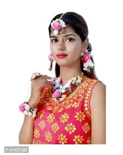 SJH SHIVI JEWELS AND HANDICRAFTS Pink Gota Patti Flower Jewellery Set for Women-thumb5