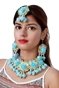 SJH SHIVI JEWELS AND HANDICRAFTS Floret Jewelry Gota Patti Necklace, Earrings  Maang Tika for Women (Sky Blue)-thumb2