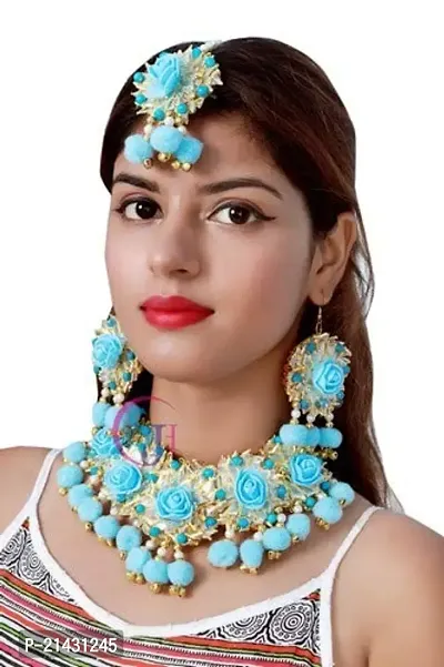 SJH SHIVI JEWELS AND HANDICRAFTS Floret Jewelry Gota Patti Necklace, Earrings  Maang Tika for Women (Sky Blue)-thumb3