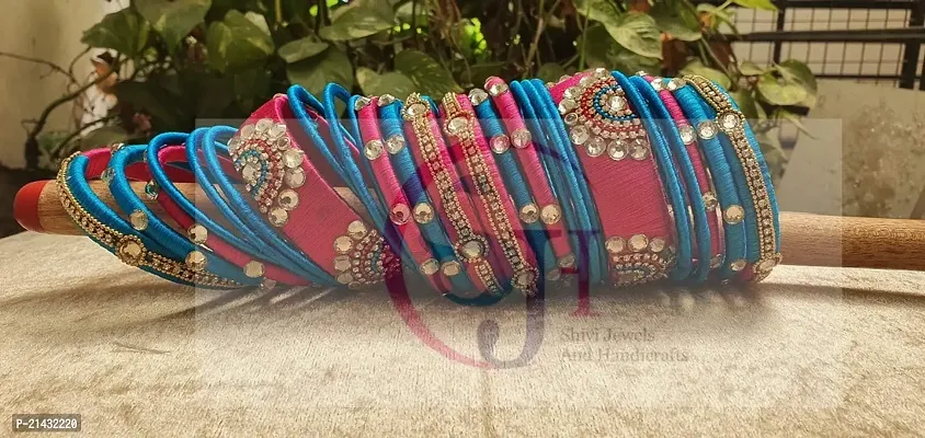 SJH SHIVI JEWELS AND HANDICRAFTS Blue  Pink Color Multi Beads Silk Thread Bangles For Women Girls 26 Pc Set Wedding  Festive Occasions P-1-thumb0