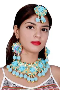 SJH SHIVI JEWELS AND HANDICRAFTS Floret Jewelry Gota Patti Necklace, Earrings  Maang Tika for Women (Sky Blue)-thumb1