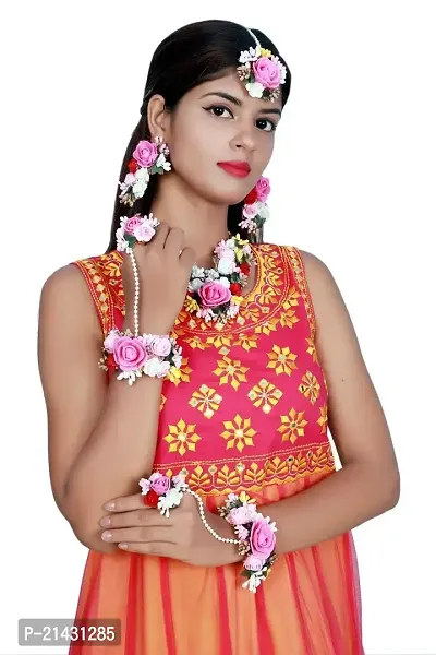 SJH SHIVI JEWELS AND HANDICRAFTS Pink Gota Patti Flower Jewellery Set for Women-thumb3