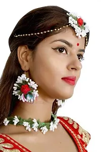 Shivi Jewels Multicolour Floral Flower Gota Patti Jewellery Set with Maang Tika, Earrings and Bracelets for Women-thumb2