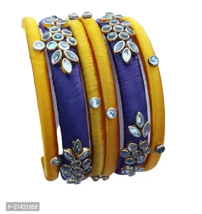 SJH SHIVI JEWELS AND HANDICRAFTS KUNDAN WORK SILK THREAD BANGLE KADA FOR WOMEN GIRLS 6PC SET WEDDING  FESTIVE OCCASSION HANDMADE MULTICOLURED CHURA CHUDA SJ-PUY-6PC-P-thumb0