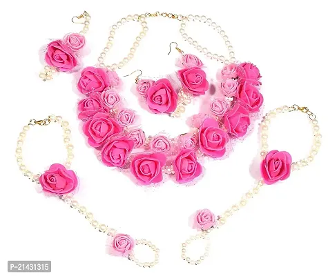 Shivi Jewels Floret Pearl Designer Pink Flower Jewelry Set with 6 Items for Women-thumb0