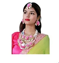 SJH SHIVI JEWELS AND HANDICRAFTS Floret Pearl Pink Mogra Floral Gotta Patti Flower Jewellery Set with Maang Tika, Earrings and Bracelet's for Women  Girls (Mehandi/Haldi-thumb1