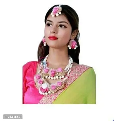 SJH SHIVI JEWELS AND HANDICRAFTS Floret Pearl Pink Mogra Floral Gotta Patti Flower Jewellery Set with Maang Tika, Earrings and Bracelet's for Women  Girls (Mehandi/Haldi-thumb2