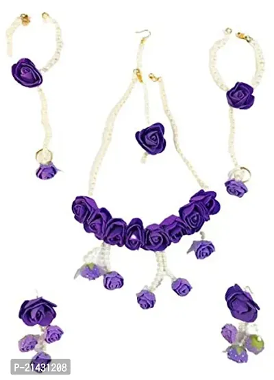 SJH SHIVI JEWELS AND HANDICRAFTS Handmade Purple Rose with Pearl String Fabric Floral Jewellery Set for Women for Haldi-thumb0