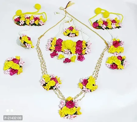 SJH SHIVI JEWELS AND HANDICRAFTS Flower Yellow and Pink Fabric Jewellery Necklace 2 with Maang Tika and Earrings, Bracelets for Women Girls Set of 7 Pc