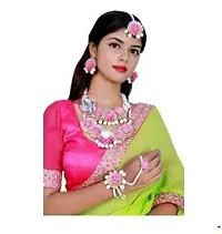 SJH SHIVI JEWELS AND HANDICRAFTS Floret Pearl Pink Mogra Floral Gotta Patti Flower Jewellery Set with Maang Tika, Earrings and Bracelet's for Women  Girls (Mehandi/Haldi-thumb3