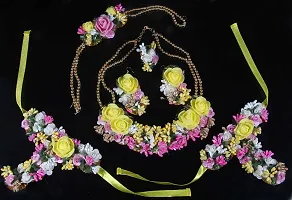 Shivi Jewels Yellow Floral Flower Beads Studed Gotta Patti Floret Jewellery Set With Earrings and Bracelets For Women and Girls (Mehandi/Haldi/Bridal)-thumb2