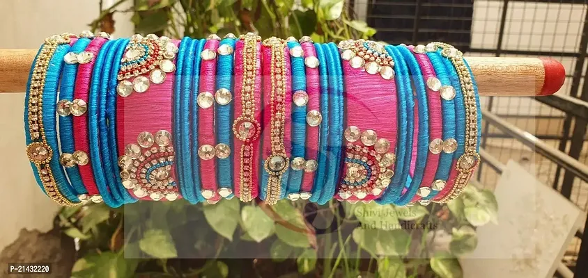 SJH SHIVI JEWELS AND HANDICRAFTS Blue  Pink Color Multi Beads Silk Thread Bangles For Women Girls 26 Pc Set Wedding  Festive Occasions P-1-thumb3