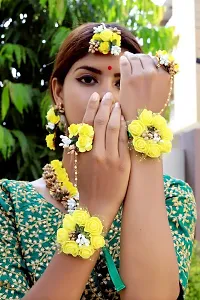 Shivi Jewels Yellow Flower Mogra Floral Gota Patti Non-Precious Metal Jewellery Set with Maang Tika, Earrings and Bracelets for Women for Mehandi, Haldi and Bridal-thumb3