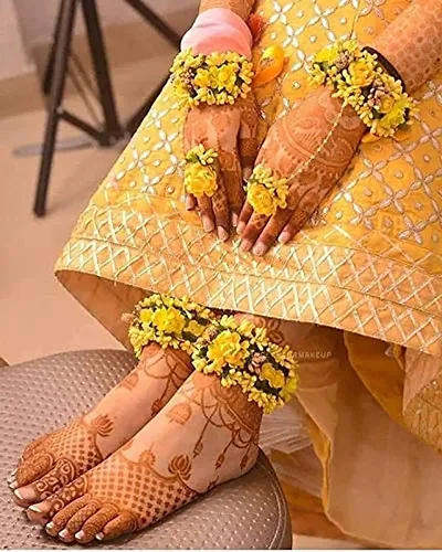 SJH SHIVI JEWELS AND HANDICRAFTS Flower 4 Pc Set For Haldi Baby Shower Mehndi Godbharai Hand and Leg Fabric Jewelry Set for Women Girls with 4 Color Items Yellow