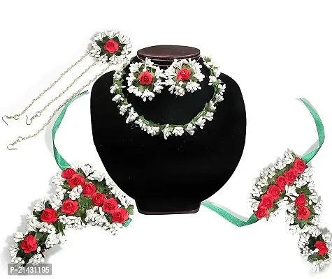 Shivi Jewels Multicolour Floral Flower Gota Patti Jewellery Set with Maang Tika, Earrings and Bracelets for Women-thumb2