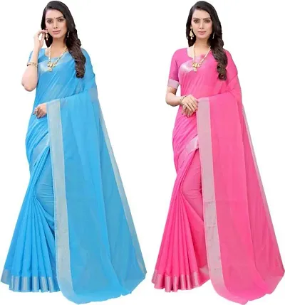 Pack Of 2 Stylish Chanderi Cotton Saree with Blouse Piece