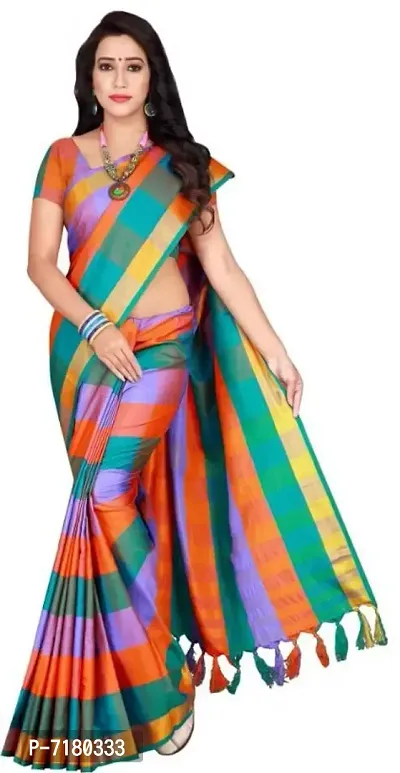 Beautiful Cotton Blend Saree With Blouse Piece-thumb0