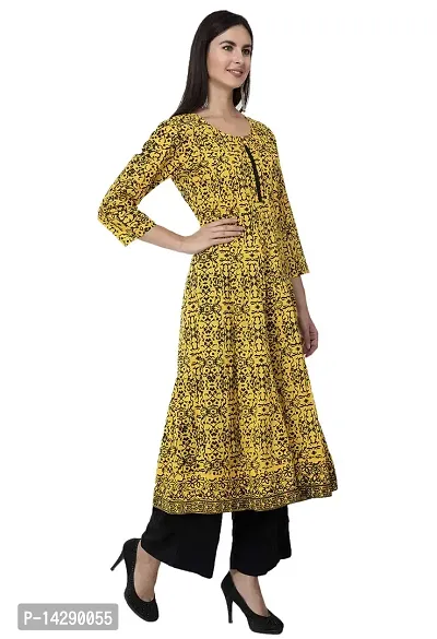 EZIS FASHION Women's Cotton Anarkali Screen Print 3/4 Sleeve Kurtis | Yellow | EZIS K118-thumb3