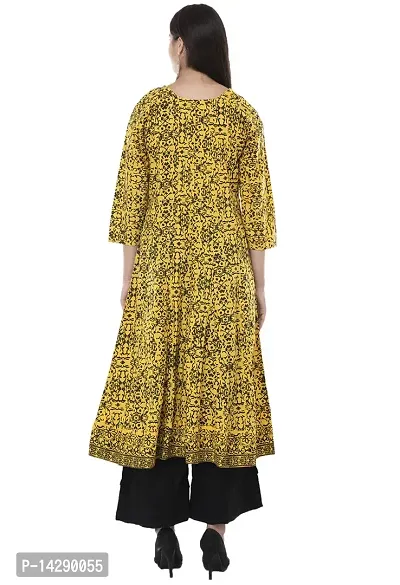 EZIS FASHION Women's Cotton Anarkali Screen Print 3/4 Sleeve Kurtis | Yellow | EZIS K118-thumb2