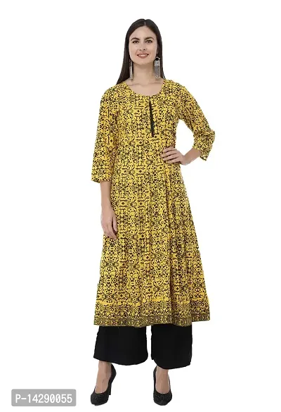 EZIS FASHION Women's Cotton Anarkali Screen Print 3/4 Sleeve Kurtis | Yellow | EZIS K118