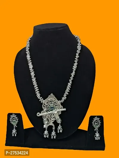 Antique Oxidised Silver Krishna Murli Morpankh Jewellery Set-thumb2