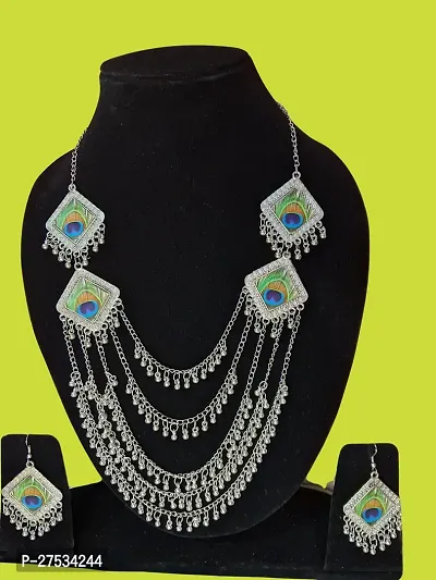Oxidised Silver Morpankh Jewellery Set for women