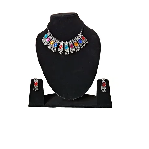 Trendy Multicolor Choker Necklace With Earrings set