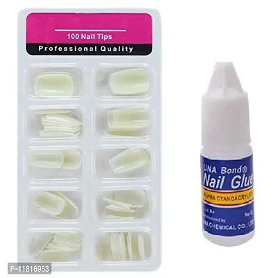 Artificial Nails Set Acrylic Fake false Nails Set Of 100 Pcs Artificial Nails With Nail Glue White  (Pack of 100)