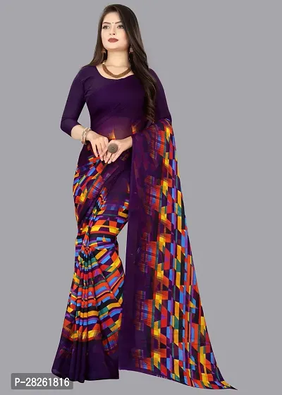 Stylish Georgette Purple Printed Saree With Blouse Piece