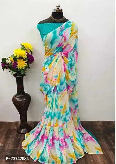 Stylish Georgette Multicoloured Printed Saree with Blouse piece-thumb0