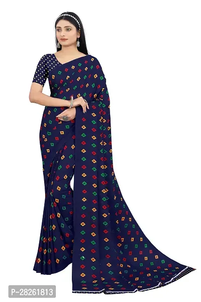 Stylish Georgette Navy Blue Printed Saree With Blouse Piece