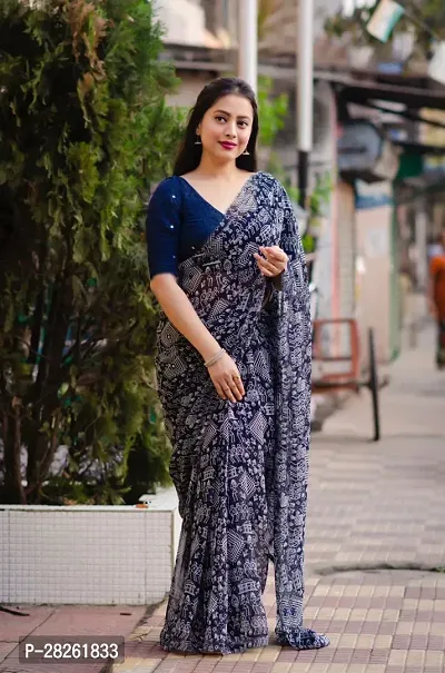 Stylish Georgette Blue Printed Saree With Blouse Piece-thumb0