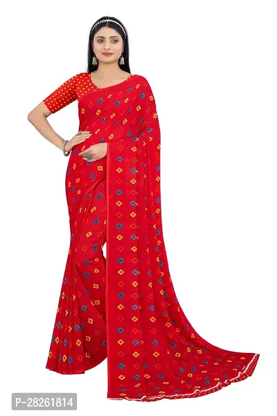 Stylish Georgette Red Printed Saree With Blouse Piece