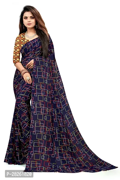 Stylish Georgette Navy Blue Printed Saree With Blouse Piece-thumb0