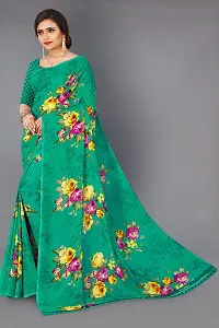 Stylish Georgette Teal Printed Saree With Blouse Piece-thumb1