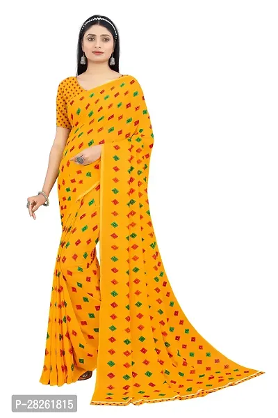 Stylish Georgette Yellow Printed Saree With Blouse Piece