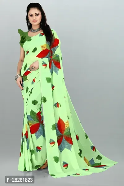Stylish Georgette Green Printed Saree With Blouse Piece