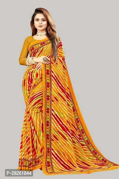 Stylish Georgette Yellow Printed Saree With Blouse Piece