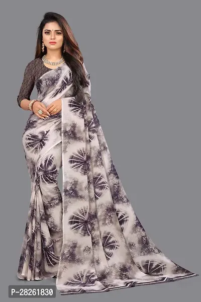 Stylish Georgette Grey Printed Saree With Blouse Piece