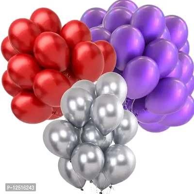 DUL DUL Combo of Purple,Silver,Red Color Metallic Balloon pack of 75 pcs ~ Metallic balloon Combo set of 25 pcs Silver,25 pcs Red,25 pcs Purple Balloons for Birthday Decoration Party~Theme Party~Baby Shower,Wedding Decoration (RED+SILVER+PURPLE, 75)-thumb0