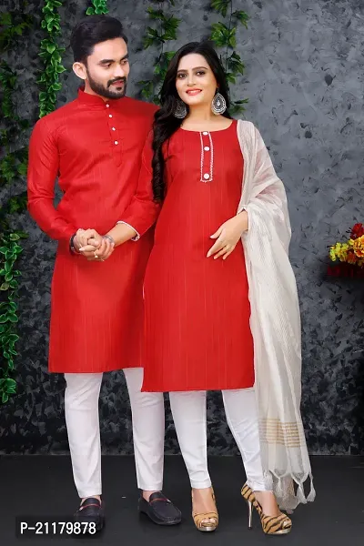 Stylish Fancy Designer Cotton Blend Kurtas Couple Combo For Women And Men-thumb0