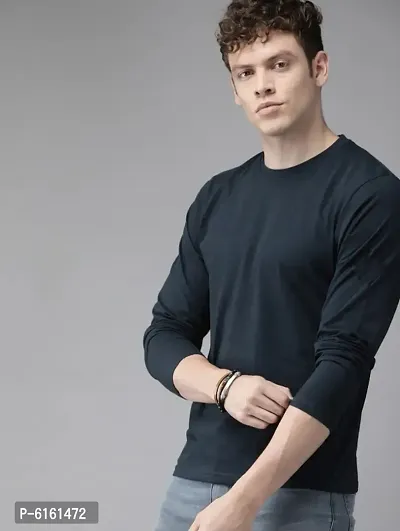 Stunning Navy Blue Cotton Self Pattern Round Neck Tees For Men