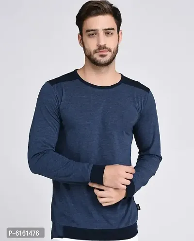 Stunning Navy Blue Cotton Self Pattern Round Neck Tees For Men